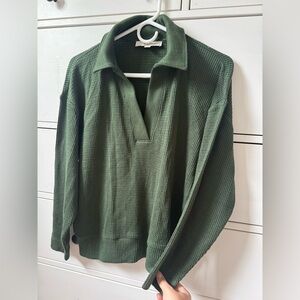 LOFT Green Waffle Knit V Neck Sweater Petite Medium